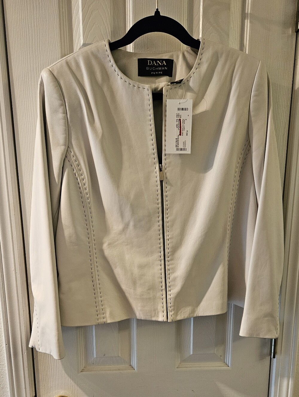 Dana Buchman Sz. 16P Cream Zip-Front Leather Blazer, Contrast STITCHING